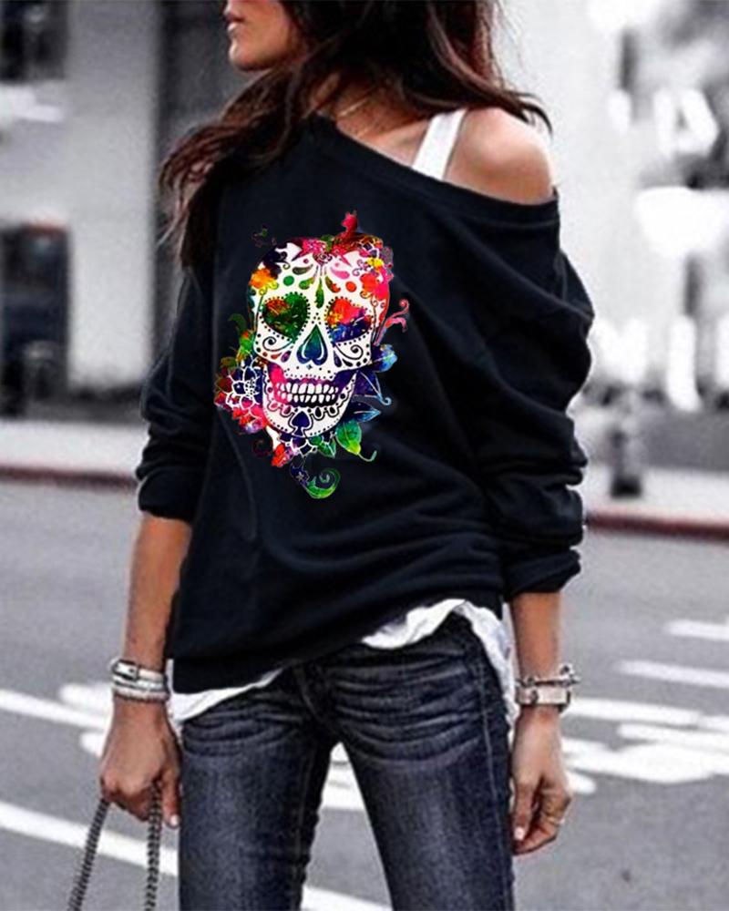 

Halloween One Shoulder Long Sleeve Skull Graphic Print Sweatshirt, Black