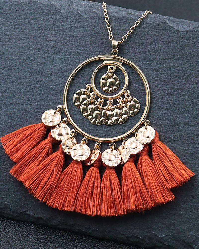 

1Pair Disc Tassel Design Round Shaped Drop Earrings, Orange