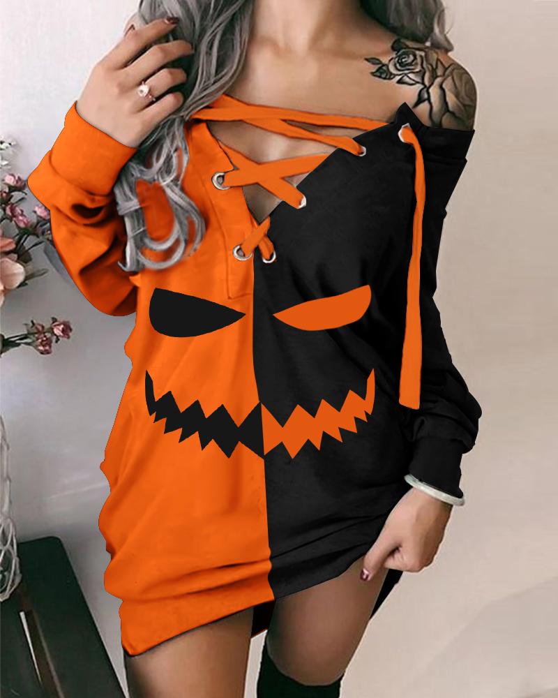 

Halloween Graphic Print Eyelet Lace-up Sweatshirt Dress, Orange