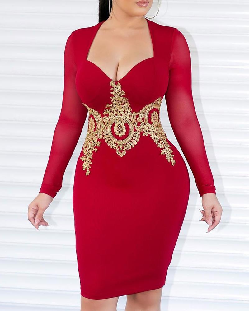 

Print Long Sleeve Bodycon Dress, Red