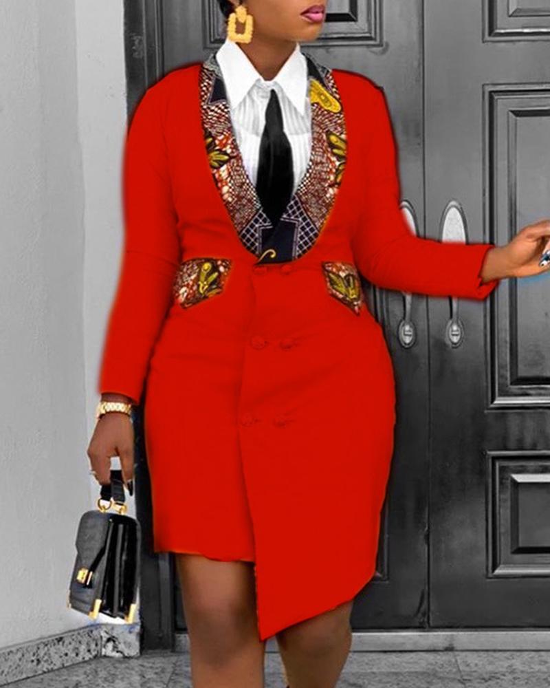 

Colorblock Button Design Long Sleeve Blazer Dress, Red
