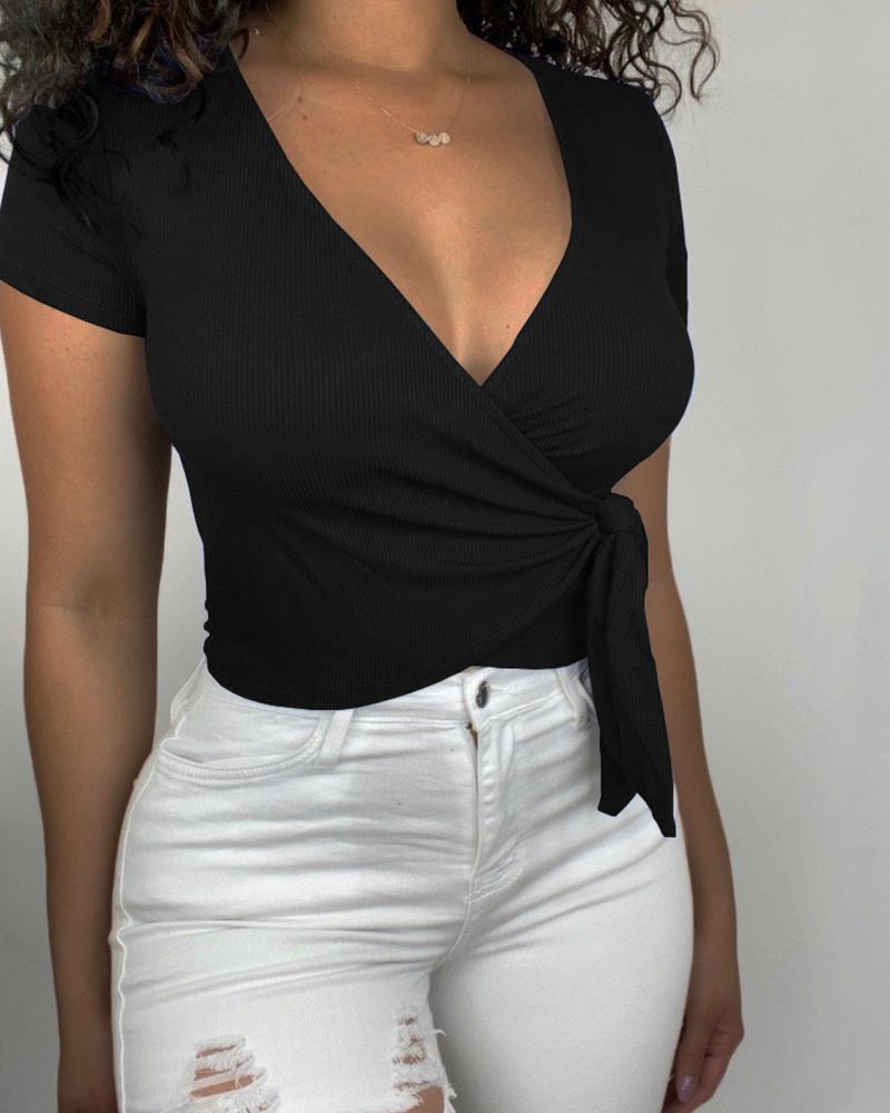 

Solid Color V-Neck Wrap Crop Top, Black