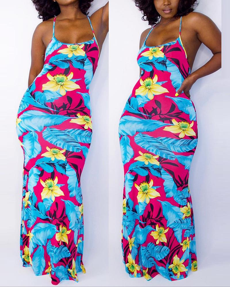 

Tropical Print U-Neck Cami Maxi Dress, Blue