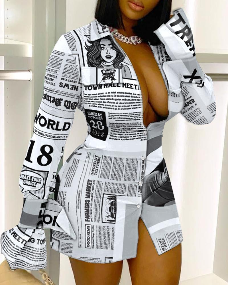 

Newspaper Print Long Sleeve Button Down Shirt Dress, Blackwhite