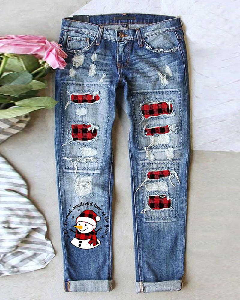 

Christmas Snowman Plaid Print Zip Fly Ripped Jeans, Blue