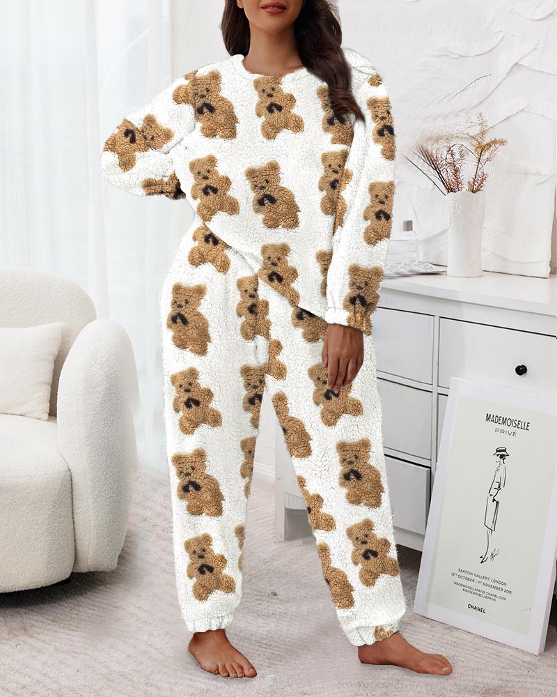 

Plus Size Teddy Bear Pattern Fuzzy Cuffed Pajamas Set, Beige