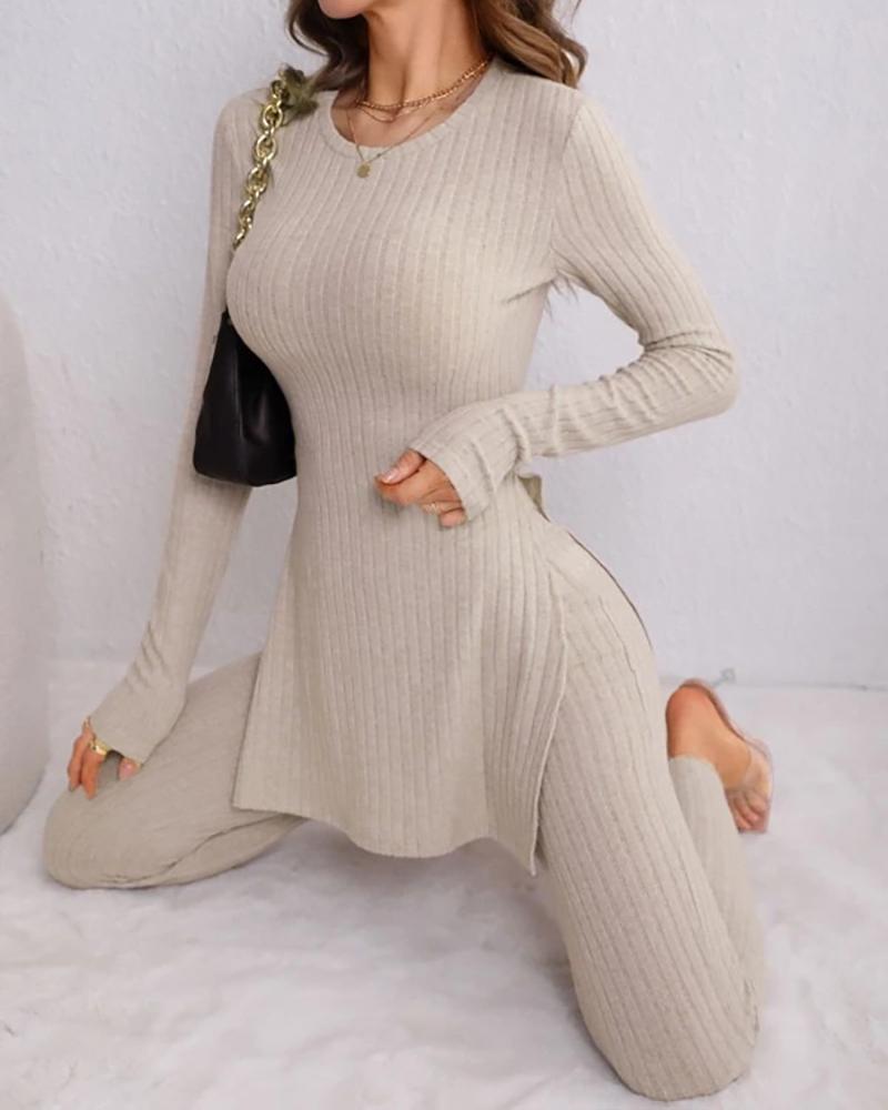 

O-Neck Long Sleeve Slit Top & Pants Set, Apricot