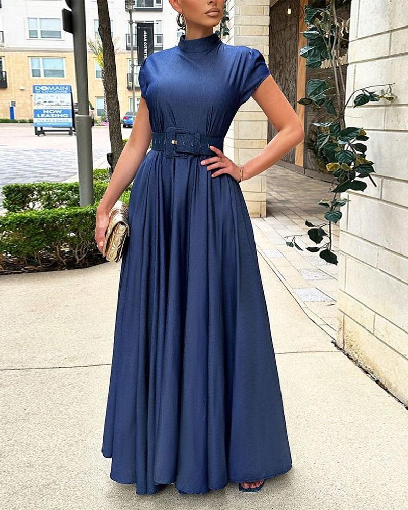 

Belted Mock Neck Ruched Maxi Dress, Blue