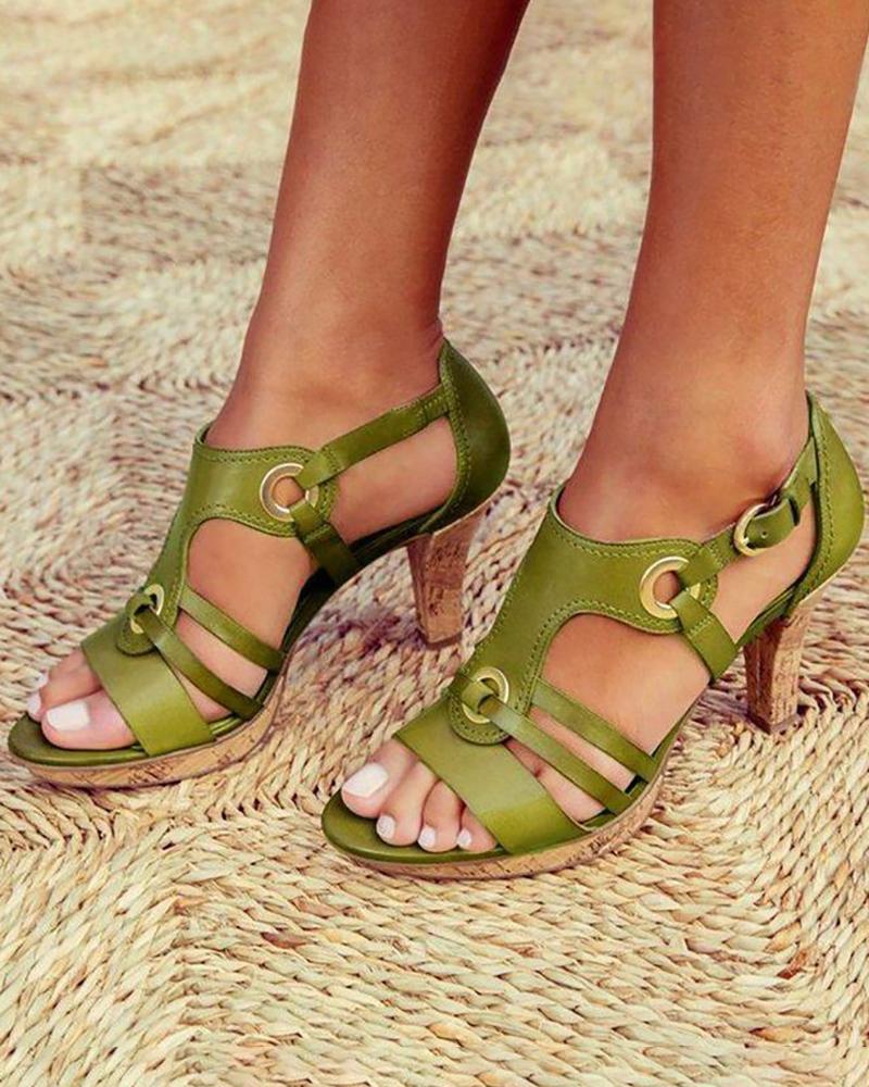 

Eyelet Hollow Out Chunky Sandals, Green