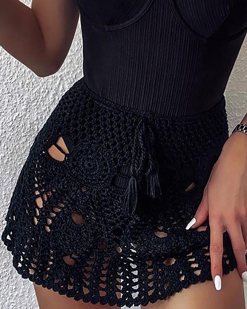 

Knit Braided Tassel Design Cover Up Skirt, Black