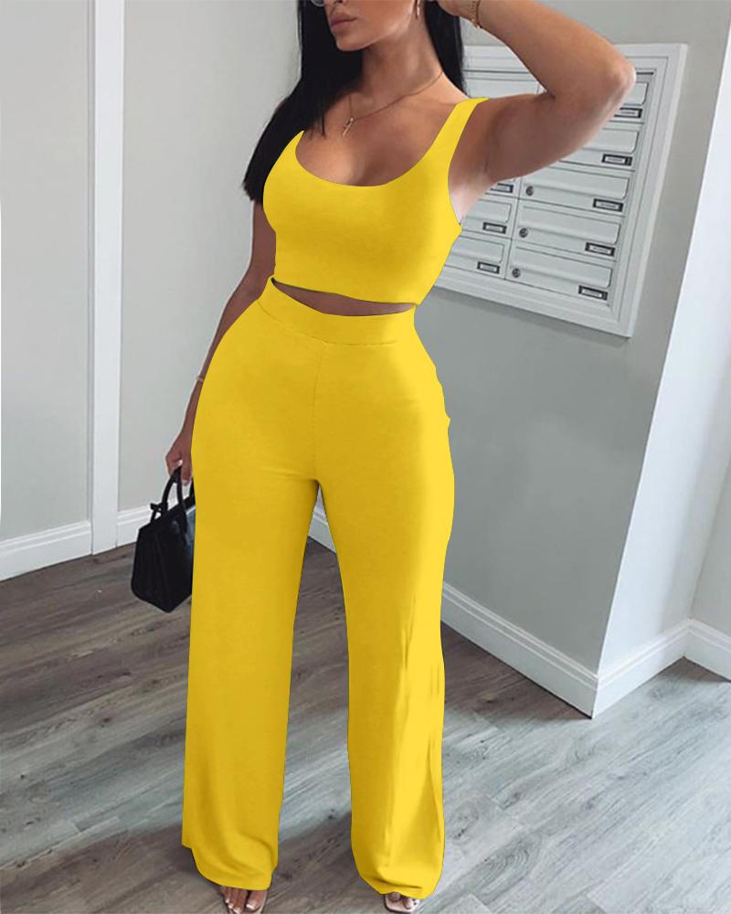 

Crop Tank Top & High Waist Pants Set, Yellow