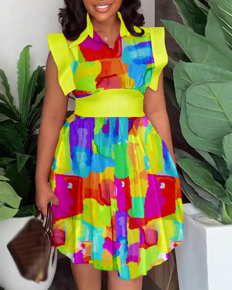 

Melting Colors All Over Print Flutter Sleeve Pleated Casual Dress, Yellow