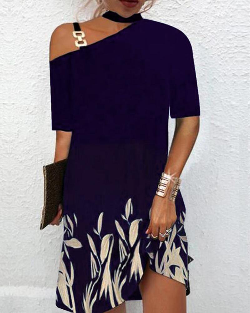

Plants Print Chain Strap Cold Shoulder Casual Dress, Blue
