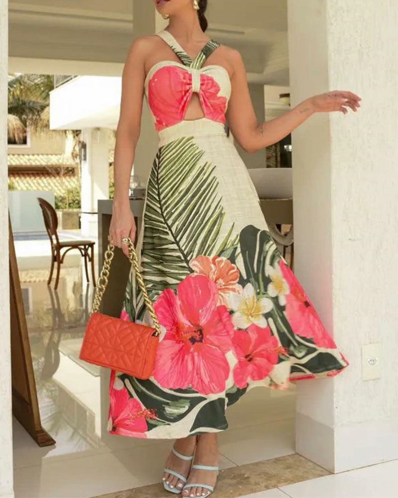 

Cutout Front Tropical Print Maxi Dress, Multicolor