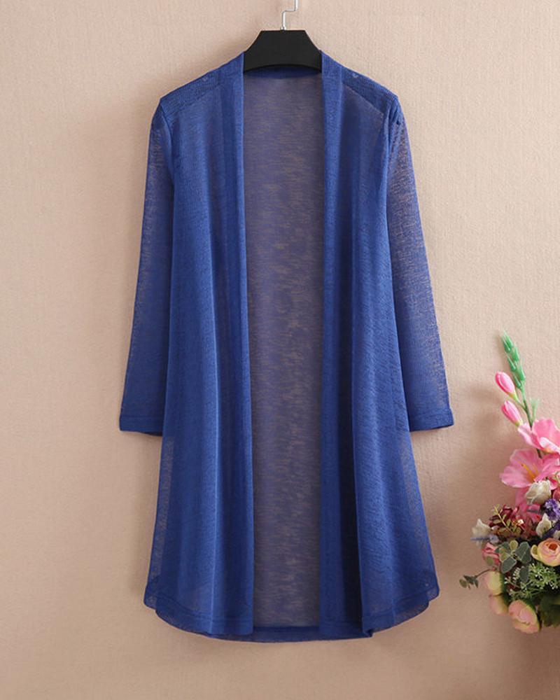 

Plus Size Long Sleeve Open Front Top, Purplish blue