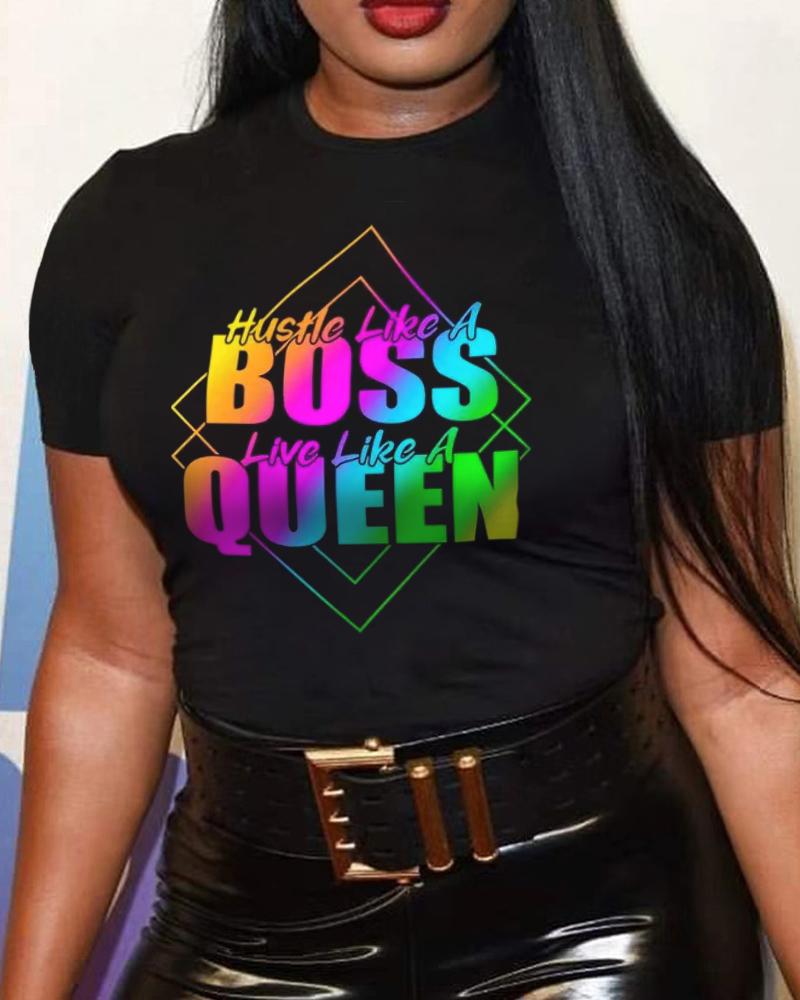 

Plus Size Hustle Like A Boss Live Like A Queen Print Casual T-shirt, Black