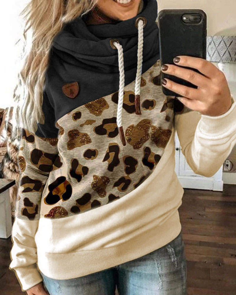 

Lantern Sleeve Colorblock Leopard Print Hooded Top, Black