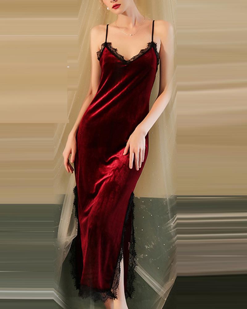 

Spaghetti Strap Lace Trim Slit Velvet Night Dress, Red