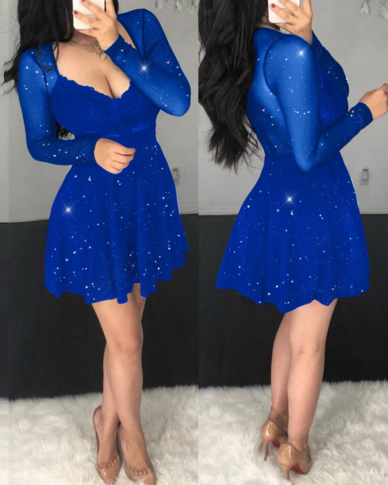

Glitter Sheer Mesh Transparente Contraste Renda Manga Longa Mini Vestido Decote V Profundo Vestidos Linha A, Blue