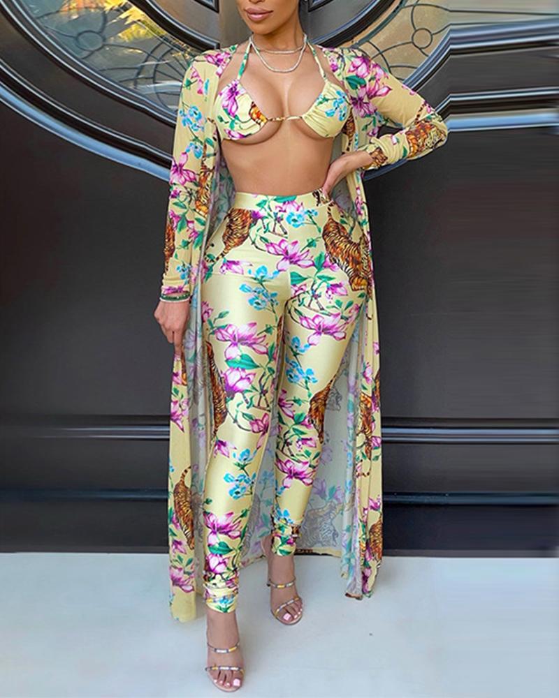 

Floral Print Halter Crop Top & Pencil Pants With Coat Set, Yellow