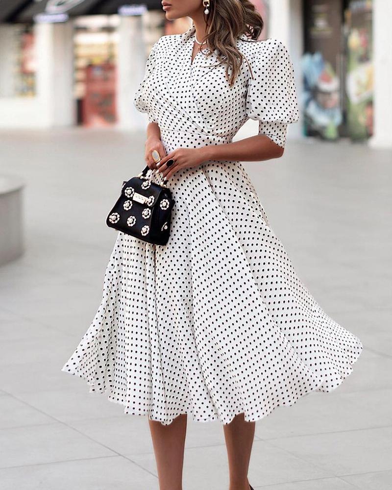 

Polka Dot Print Puff Sleeve Ruched Dress, White