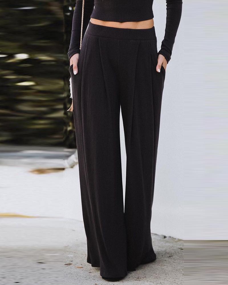 

Plain Wide Leg Casual Pants, Black