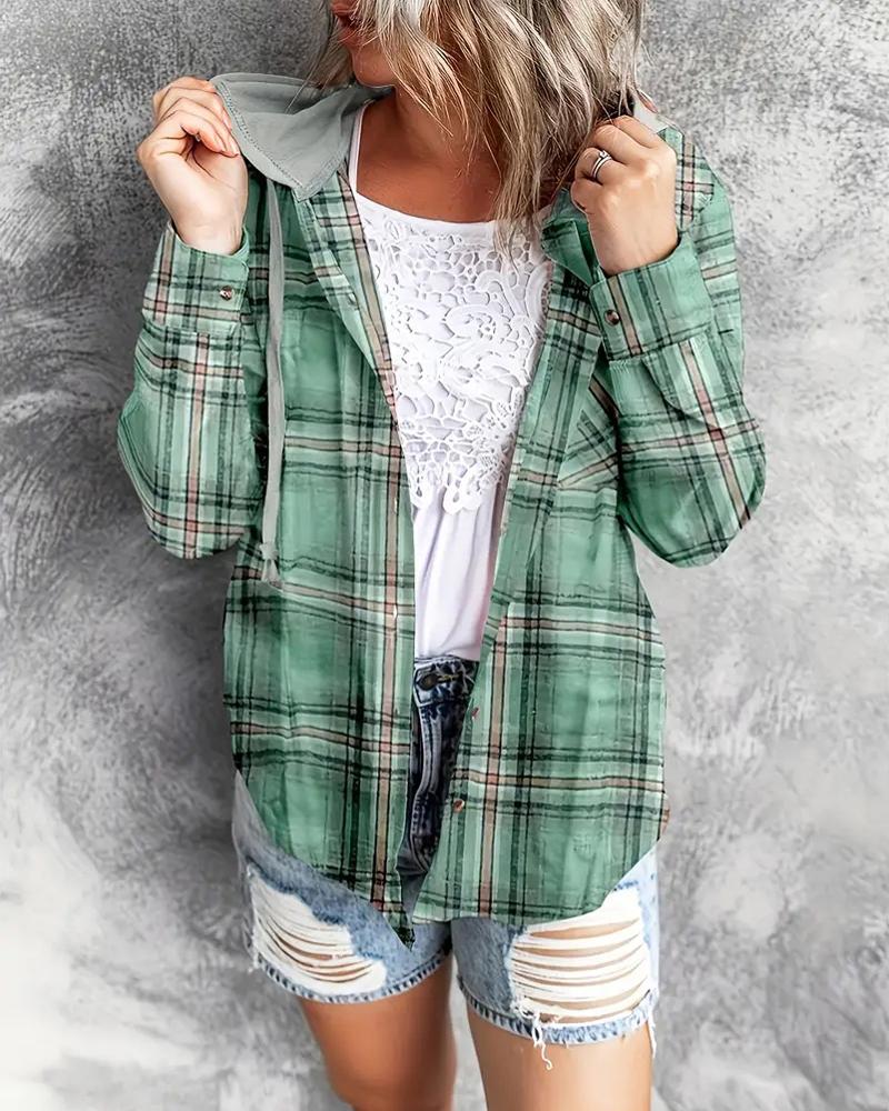 

Plaid Print Buttoned Hooded Top, Light green