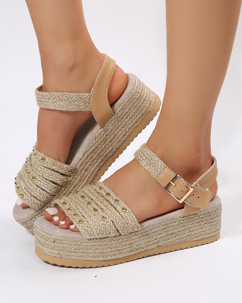 

Studded Ankle Strap Braided Espadrille Platform Wedge Sandals, Apricot