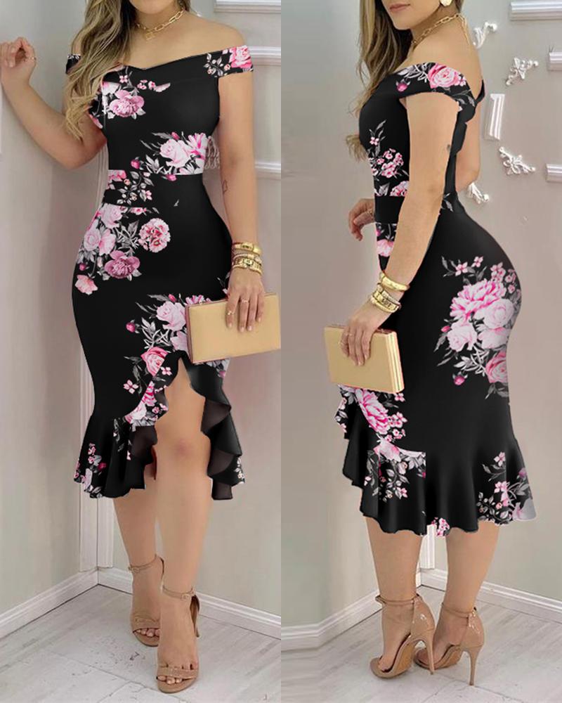 

Floral Print Off Shoulder Ruffle Hem Bodycon Dress, Black