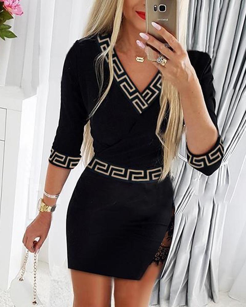 

Geo Trim Contrast Lace Long Sleeve Work Dress, Black