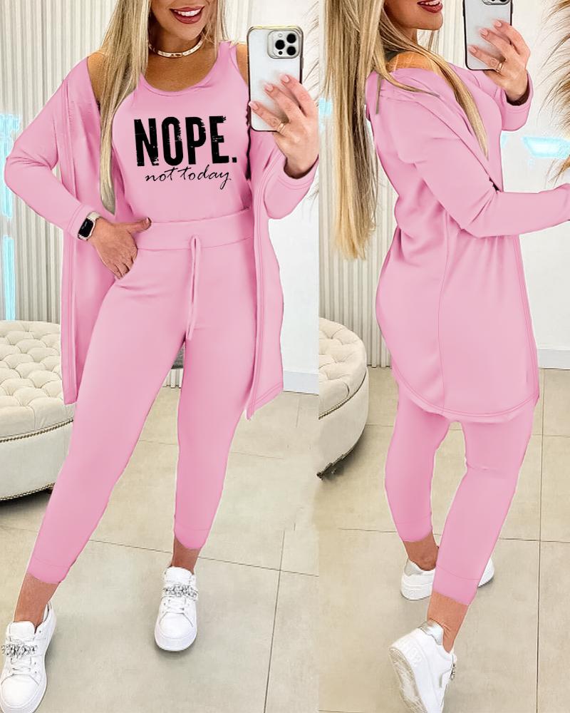 

Nope Not Today Print Tank Top & Drawstring Pants Set With Coat, Pink