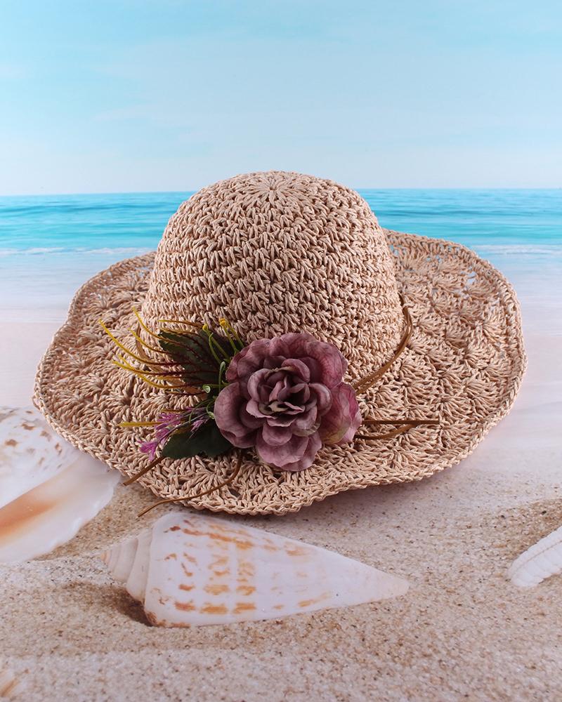 

Floral Pattern Folding Wide Brim Straw Hat, Pink