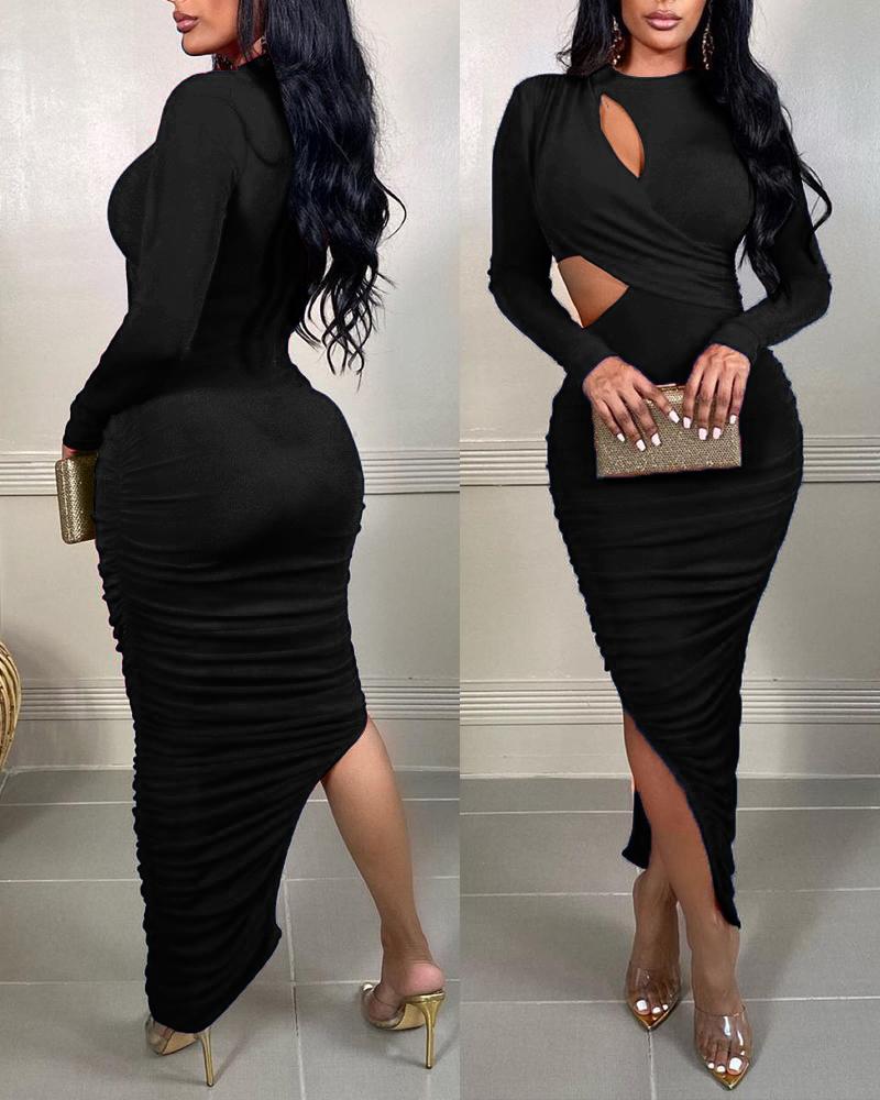 

Cutout Split Hem Ruched Bodycon Dress, Black