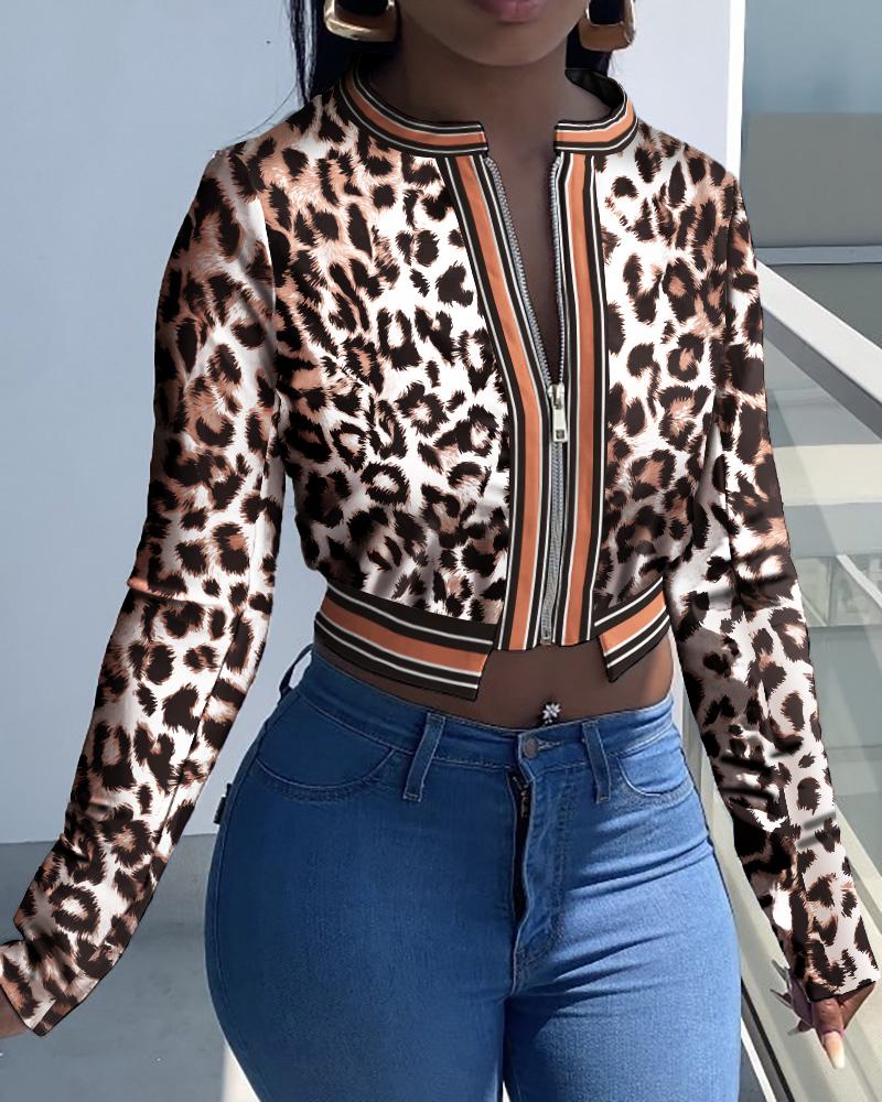 

Leopard Print Zip Front Long Sleeve Crop Coat