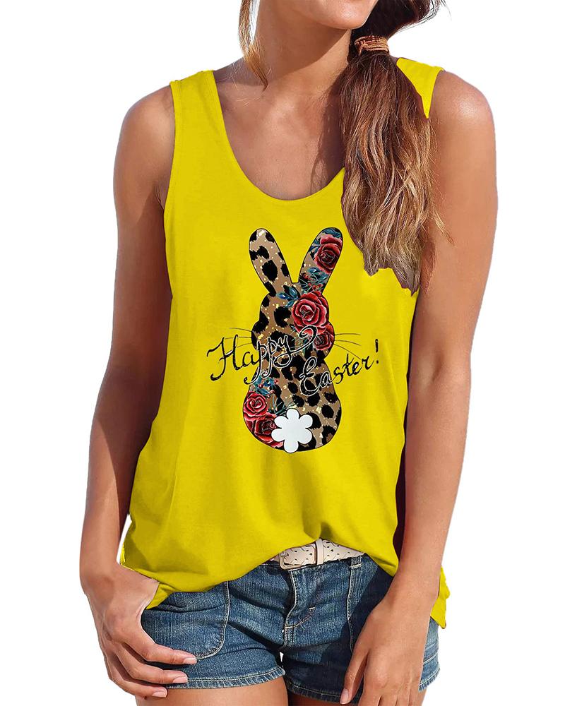 

Leopard Easter Bunny Print Graphic Tee Casual Tank Top, Yellow