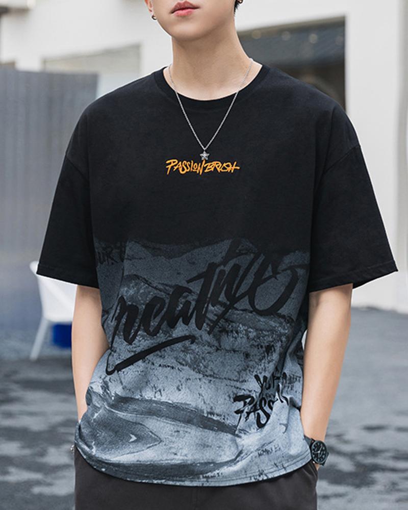 

Graident Letter Print Short Sleeve Loose T-shirts, Black