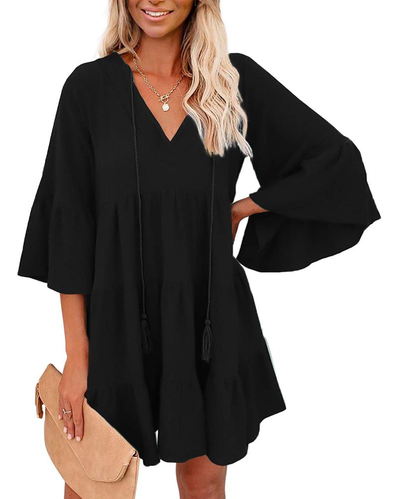 

V Neck Flutter Sleeve Casual Dress, Black