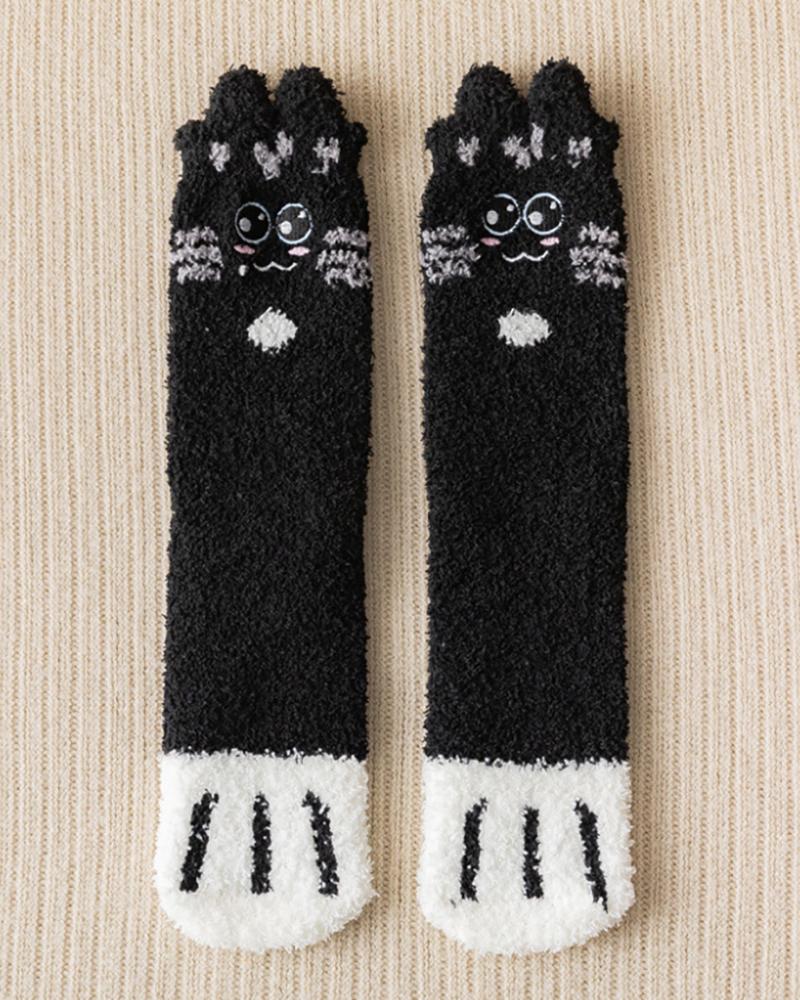 

1Pair Cat Paw Print Fuzzy Socks, Black