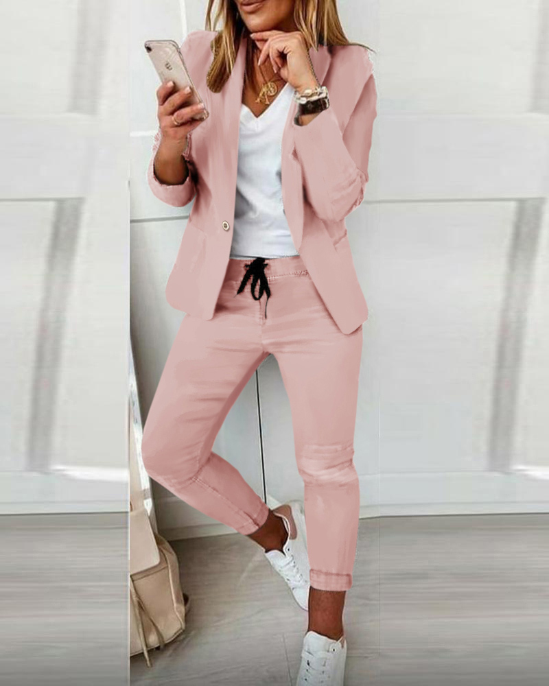 

Lapel Neck Blazer Coat & Drawstring Pants Set, Pink