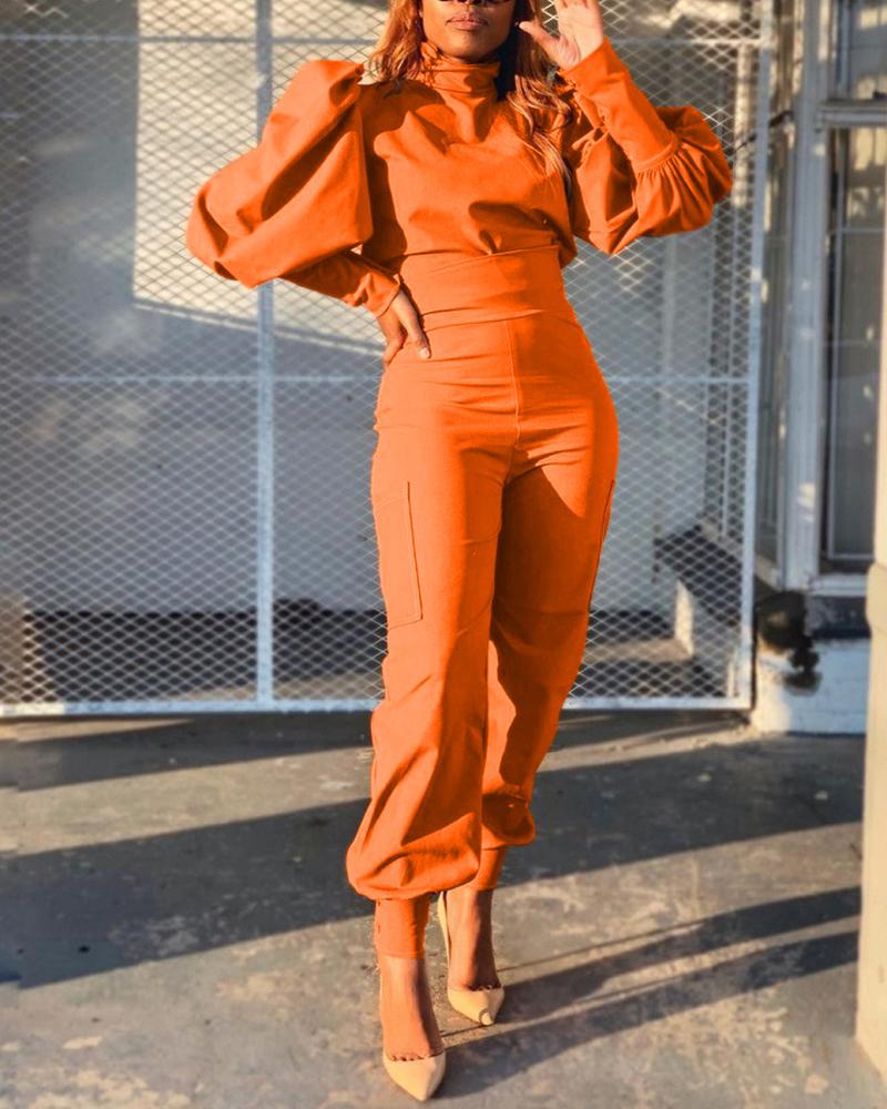 

Puff Sleeve Top & High Waist Cuffed Pants Set, Orange