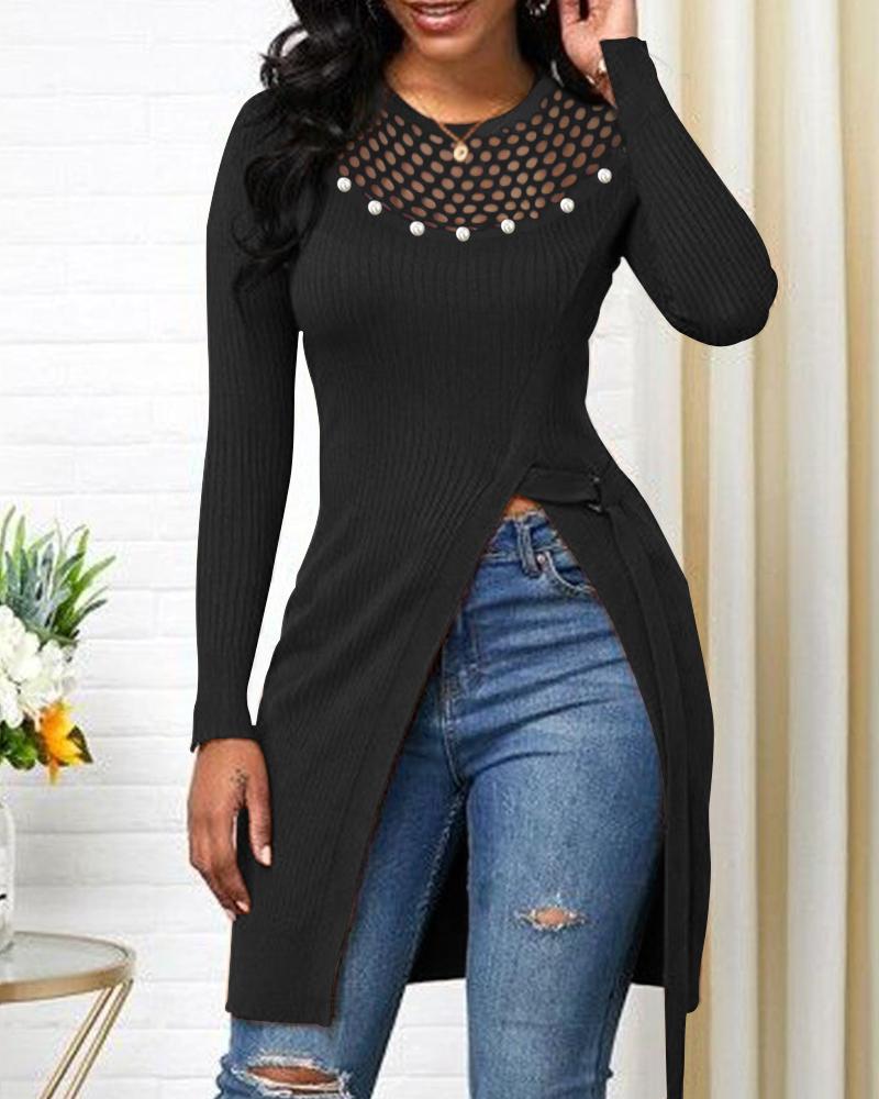 

Pearls Decor Hollow Out High Split Top, Black
