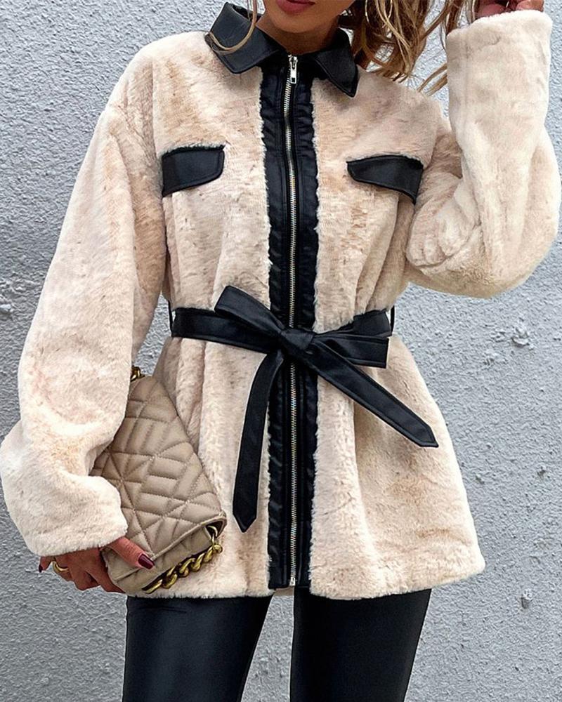 

Contrast Paneled Fake Pocket Fuzzy Coat, Beige
