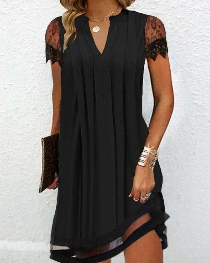 

Lace Patch Notch Neck Ruched Casual Dress, Black
