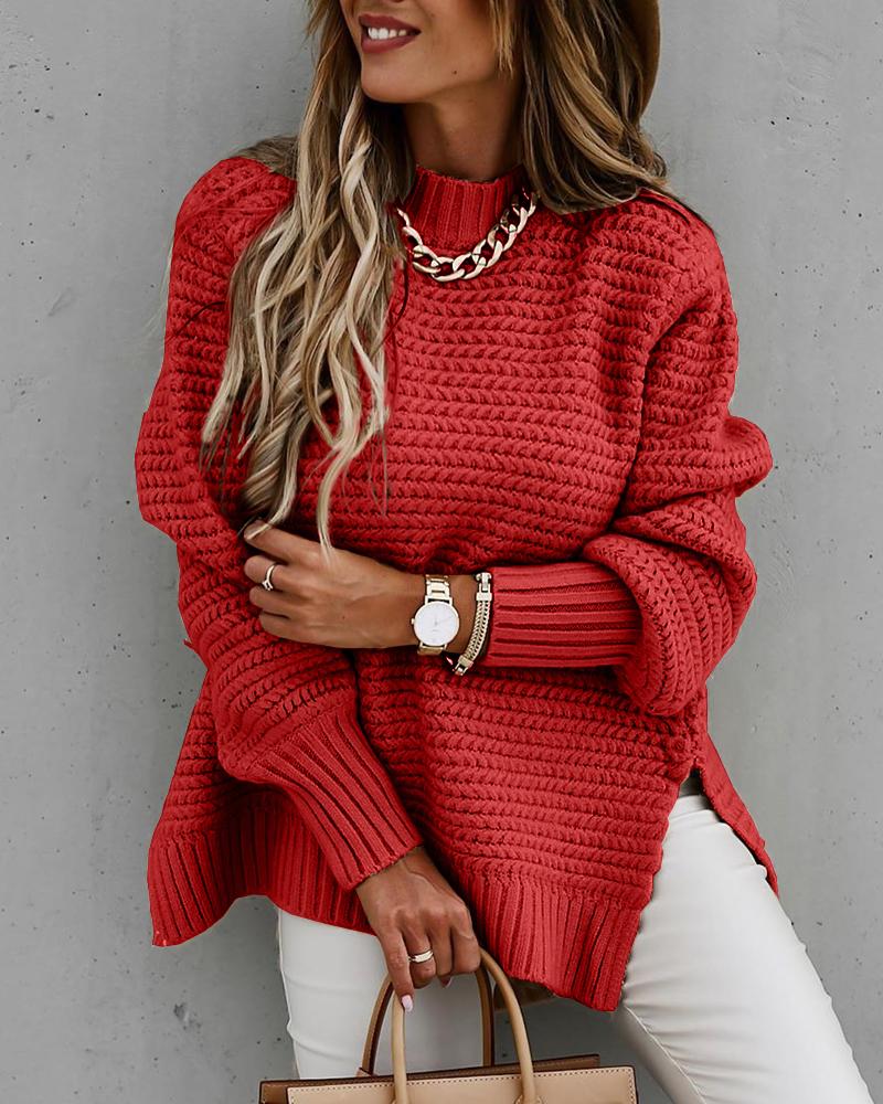 

Solid Long Sleeve Loose Slit Hem Sweater, Red