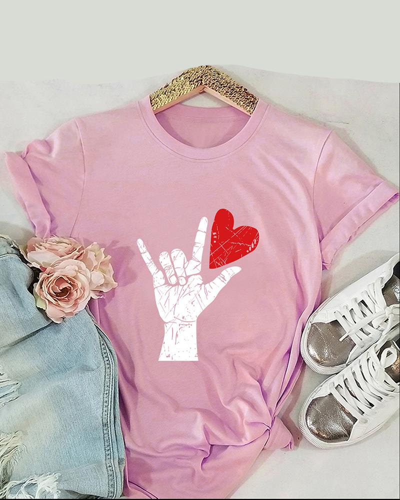 

Valentine' Day Hand Heart Print Short Sleeve T-shirt, Pink
