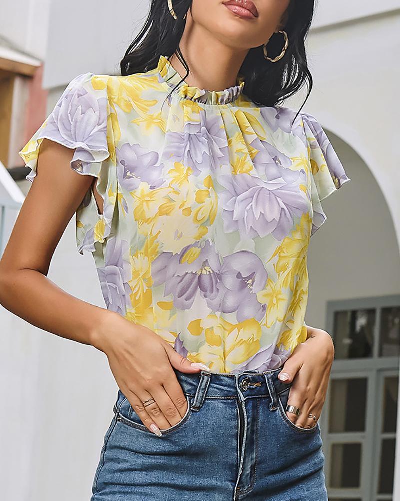 

Floral Print Frill Hem Ruffles Sleeve Top, Yellow