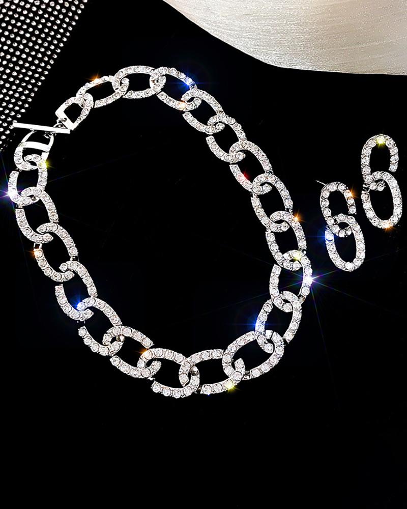 

1PCS Cuban Linked Chain Rhinestone Necklace, Silver