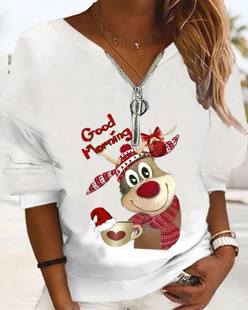 

Plus Size Christmas Elk Print Zip Front Casual Top, White