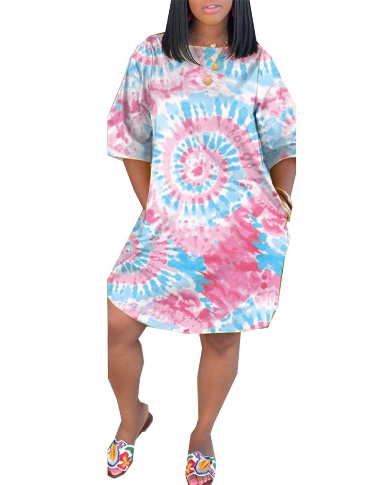 

Tie Dye Print Pocket Decor Casual Dress, Pink