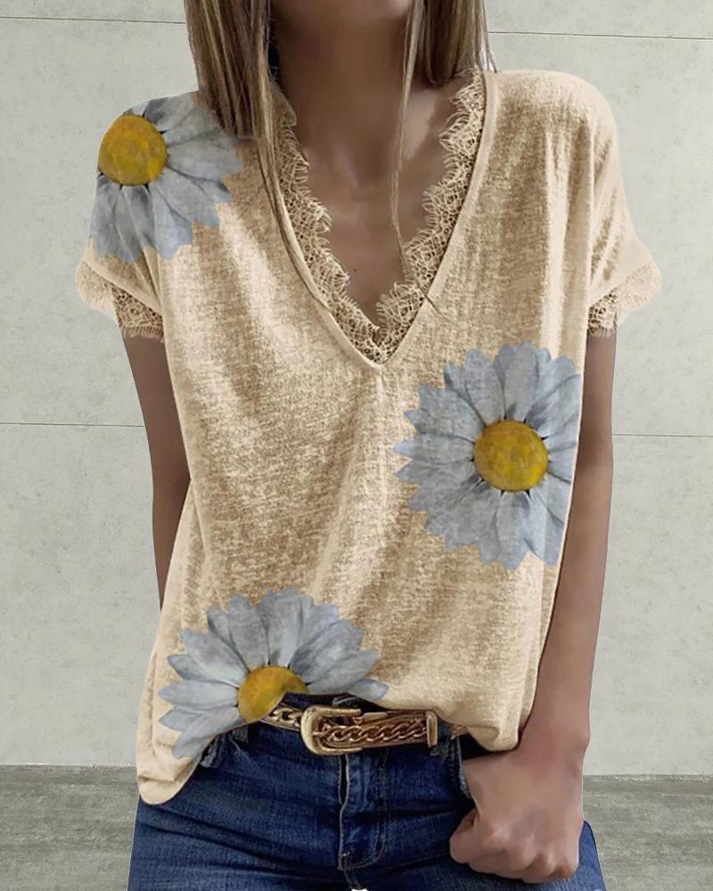 

Chrysanthemum Print Splicing Lace Short Sleeve, Khaki